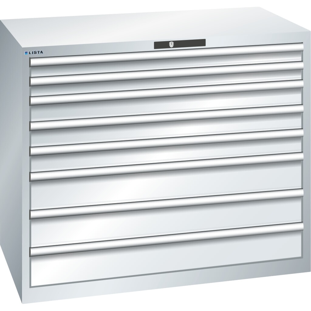 Produktabbildung: LISTA Schubladenschrank 64x36E, (BxTxH) 1193x725x1000mm, 8 Schubladen TK 200kg, lichtgrau, KEY Lock