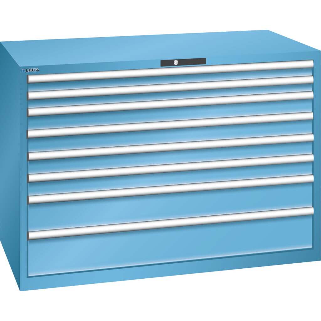 LISTA Schubladenschrank 78x36E, (BxTxH) 1431x725x1000mm, 8 Schubladen, Fronthöhen 75-200mm, lichtblau, KEY Lock Produktabbildung: LISTA Schubladenschrank 78x36E, (BxTxH) 1431x725x1000mm, 8 Schubladen, Fronthöhen 75-200mm, lichtblau, KEY Lock