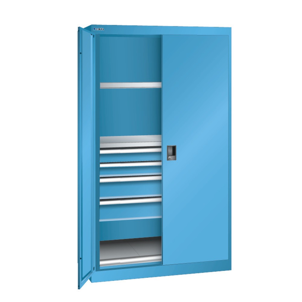 Produktabbildung: LISTA Schwerlastschrank, 2 Fachböden + 4 Schubladen, HxBxT 1.950 x 1.100 x 641 mm, lichtblau