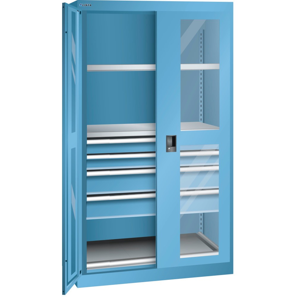Produktabbildung: LISTA Schwerlastschrank 54x27E, (BxTxH) 1100x641x1950mm, 1 Auszug, 4 Schubladen, lichtblau, CODE Lock
