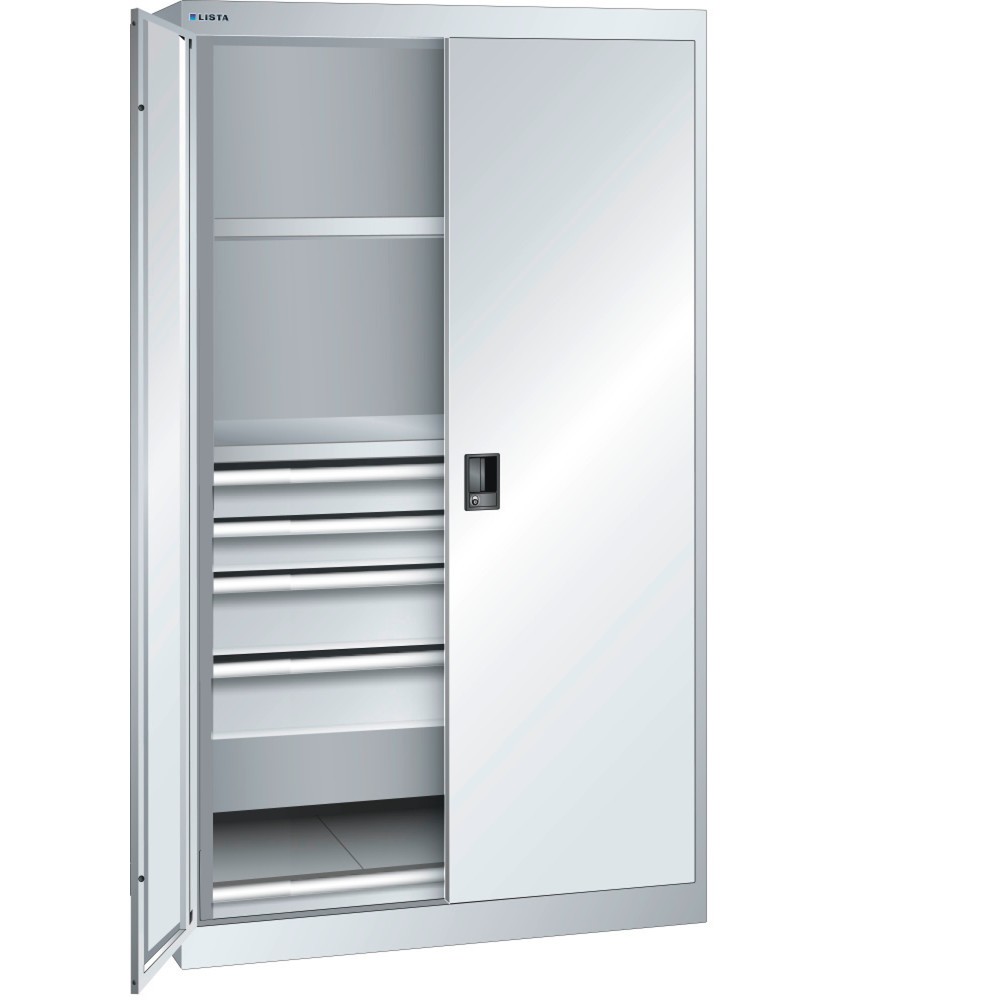 Produktabbildung: LISTA Schwerlastschrank 54x27E, (BxTxH) 1100x641x1950mm, 1 Auszug, 4 Schubladen, lichtgrau, CODE Lock