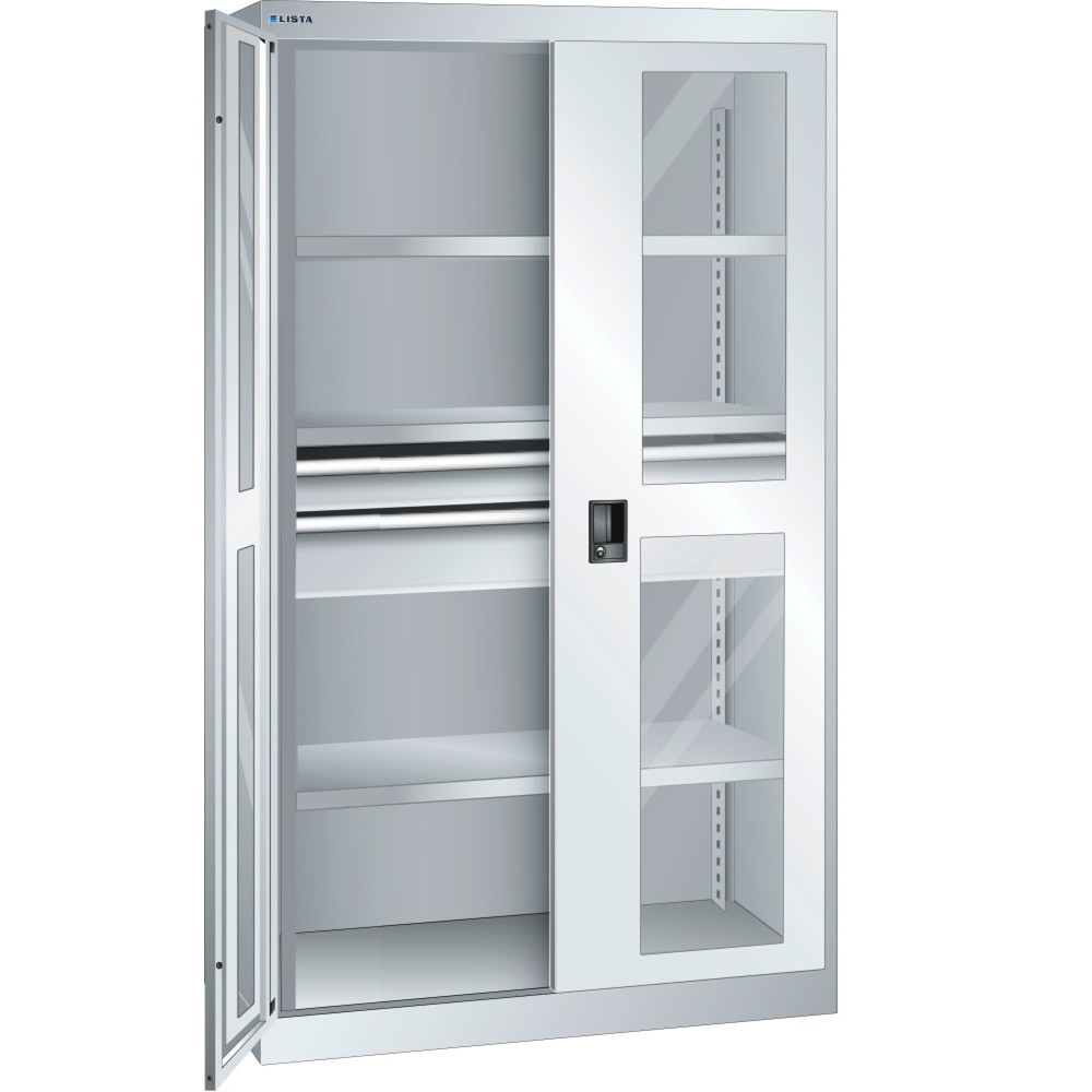 Produktabbildung: LISTA Schwerlastschrank 54x27E, (BxTxH) 1100x641x1950mm, 2 Schubladen, Sichtfenster, lichtgrau, KEY Lock