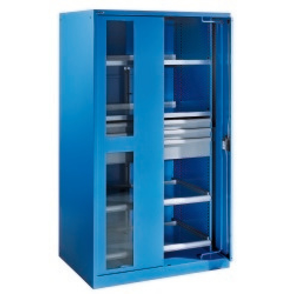 Produktabbildung: LISTA Schwerlastschrank mit Einschwenktüren + Sichtfenster, 2 Fachböden + 3 Schubladen + 2 Auszugböden, HxBxT 1.950 x 1.146 x 690 mm, lichtblau