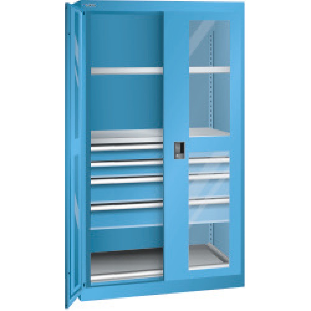 Produktabbildung: LISTA Schwerlastschrank mit Sichtfenster, 2 Fachböden + 4 Schubladen, HxBxT 1.950 x 1.100 x 641 mm, lichtblau