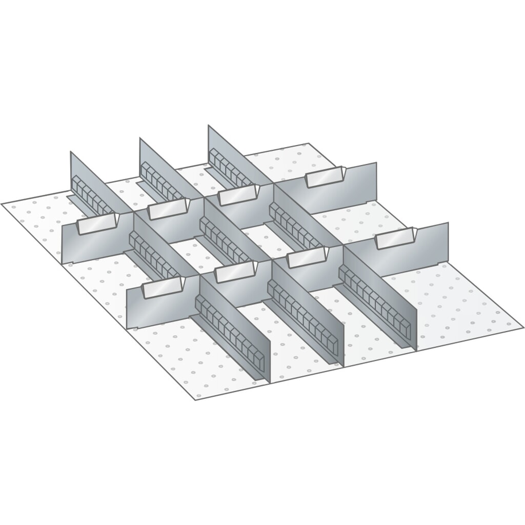 LISTA Set Schlitzwände und Trennbleche 27x36E, (BxT) 459x612mm, 3 Schlitzwände, 8 Trennbleche, für Fronthöhe 50mm Produktabbildung: LISTA Set Schlitzwände und Trennbleche 27x36E, (BxT) 459x612mm, 3 Schlitzwände, 8 Trennbleche, für Fronthöhe 50mm
