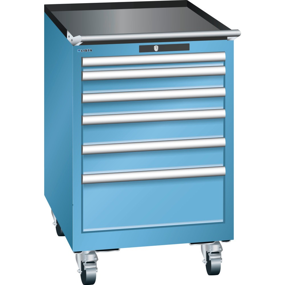 Produktabbildung: LISTA Werkstattwagen 27x27E, (BxTxH) 564x572x890mm, 6 Schubladen, Fronthöhen 50-200mm, lichtblau, KEY Lock