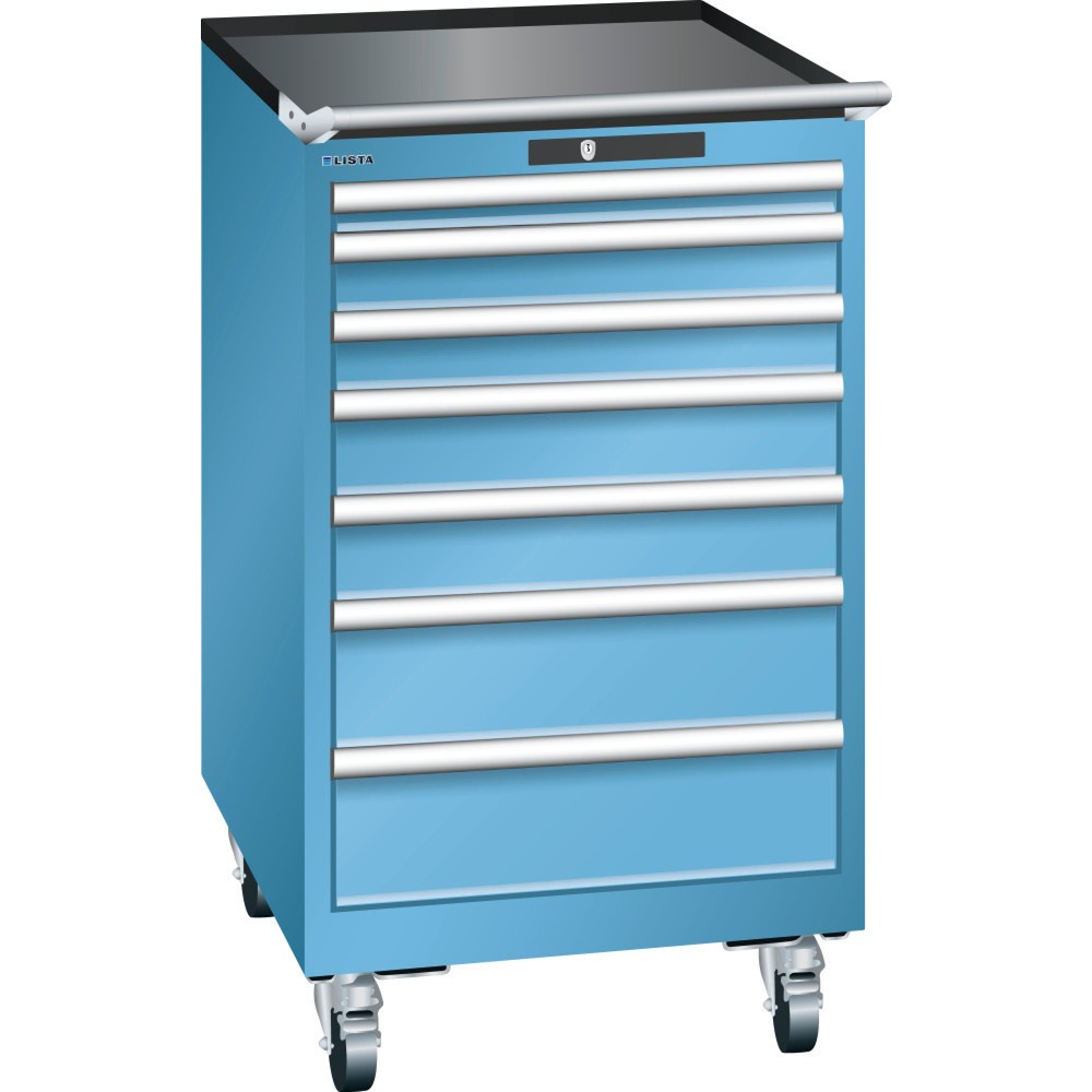 Produktabbildung: LISTA Werkstattwagen 27x36E, (BxTxH) 564x725x990mm, 7 Schubladen, Fronthöhen 50-150mm, lichtblau, CODE Lock