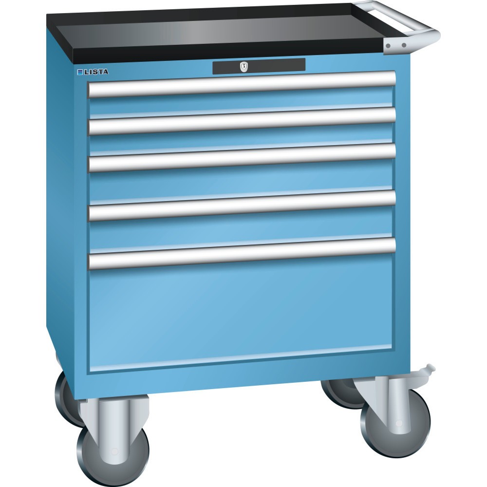 Produktabbildung: LISTA Werkstattwagen 36x27E, (BxTxH) 717x572x962mm, 5 Schubladen, 2 x 75 / 2 x 100 / 1 x 250, lichtblau, KEY Lock