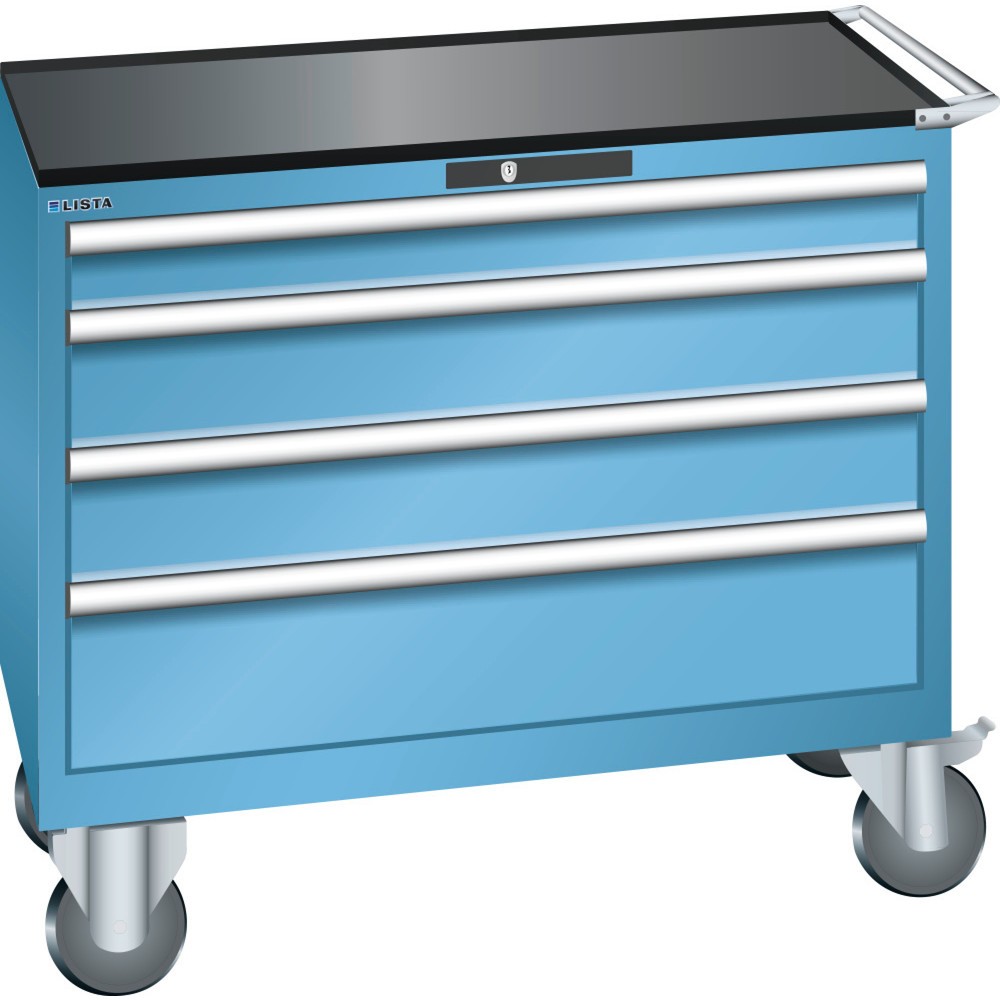 Produktabbildung: LISTA Werkstattwagen 54x27E, (BxTxH) 1023x572x962mm, 4 Schubladen, 1 x 100 / 2 x 150 / 1 x 200, lichtblau, RFID Lock