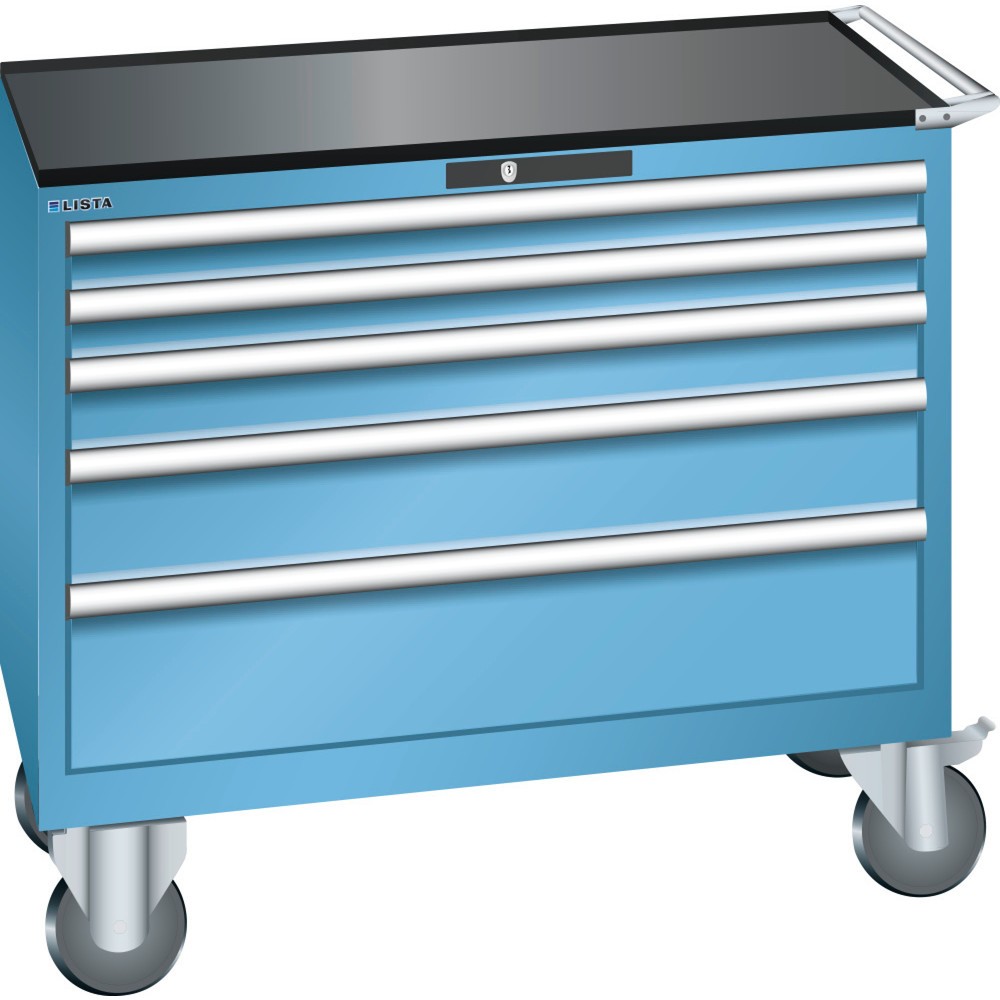 Produktabbildung: LISTA Werkstattwagen 54x27E, (BxTxH) 1023x572x962mm, 5 Schubladen, Fronthöhen 75-200mm, lichtblau, KEY Lock
