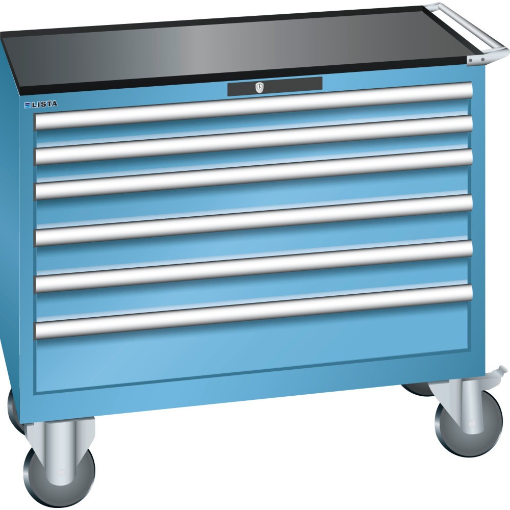 Produktabbildung: LISTA Werkstattwagen 54x27E, (BxTxH) 1023x572x962mm, 6 Schubladen, 2 x 75 / 3 x 100 / 1 x 150, lichtblau, CODE Lock