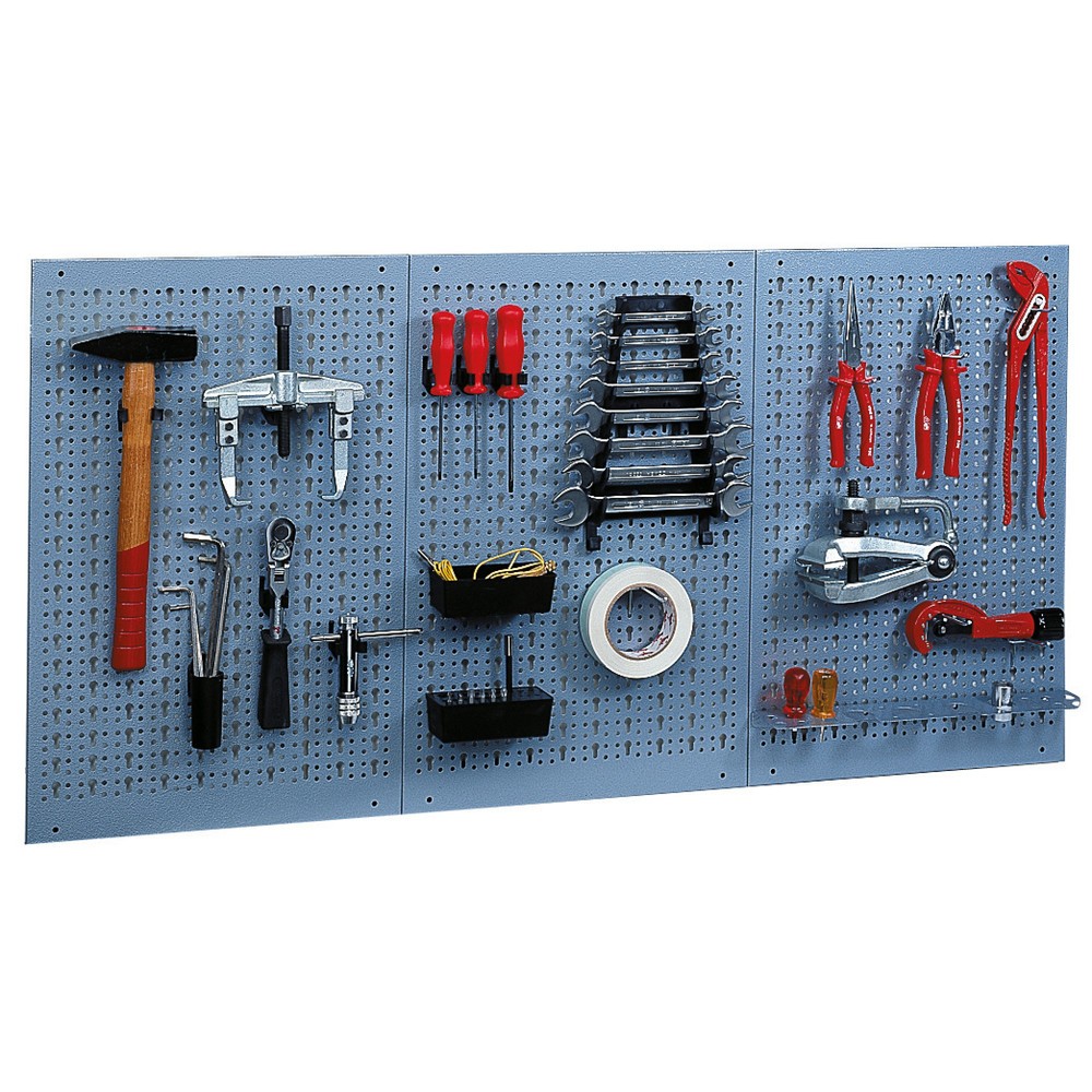Produktabbildung: Lochplatte aus Stahlblech, mit 12 Standard-Haken