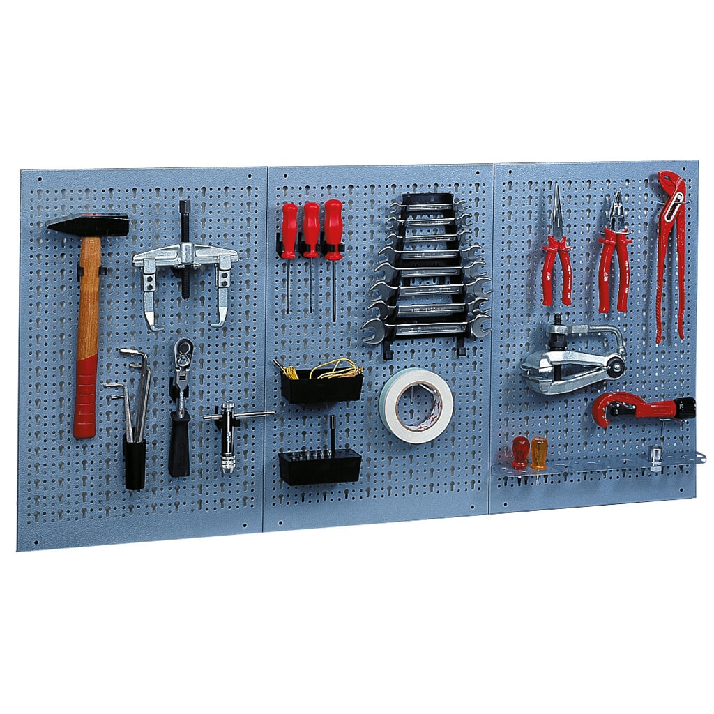 Lochplatte aus Stahlblech, mit 12 Standard-Haken Produktabbildung: Lochplatte aus Stahlblech, mit 12 Standard-Haken