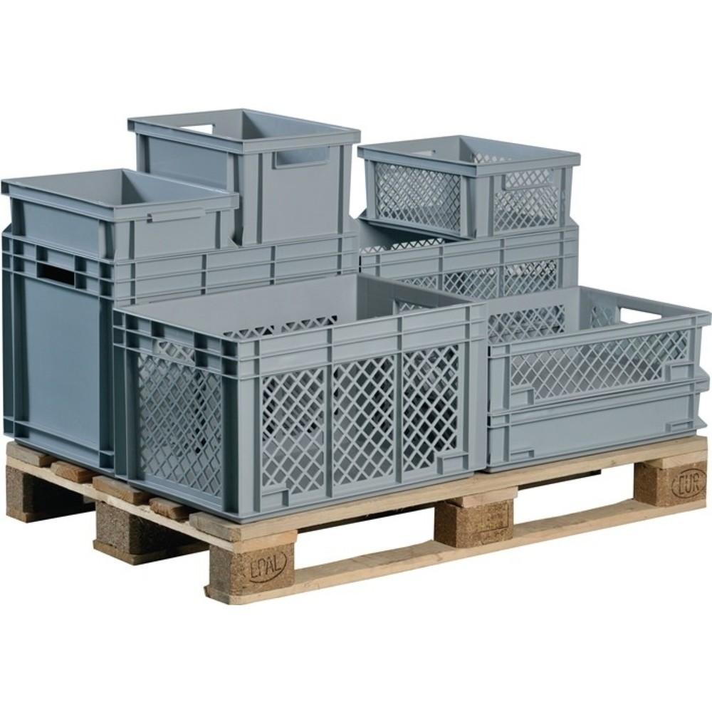 Produktabbildung: LOCKWEILER Transportstapelbehälter, grau PP Durchfassgriff, L400xB300xH320mm, Seitenwände durchbrochen