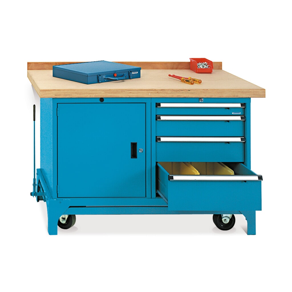 LOKOMA Mobile Werkbank Premium mit Schubladen + Schrank, TK 1.500 kg, HxBxT 850 x 1.300 x 700 mm, enzianblau Produktabbildung: LOKOMA Mobile Werkbank Premium mit Schubladen + Schrank, TK 1.500 kg, HxBxT 850 x 1.300 x 700 mm, enzianblau