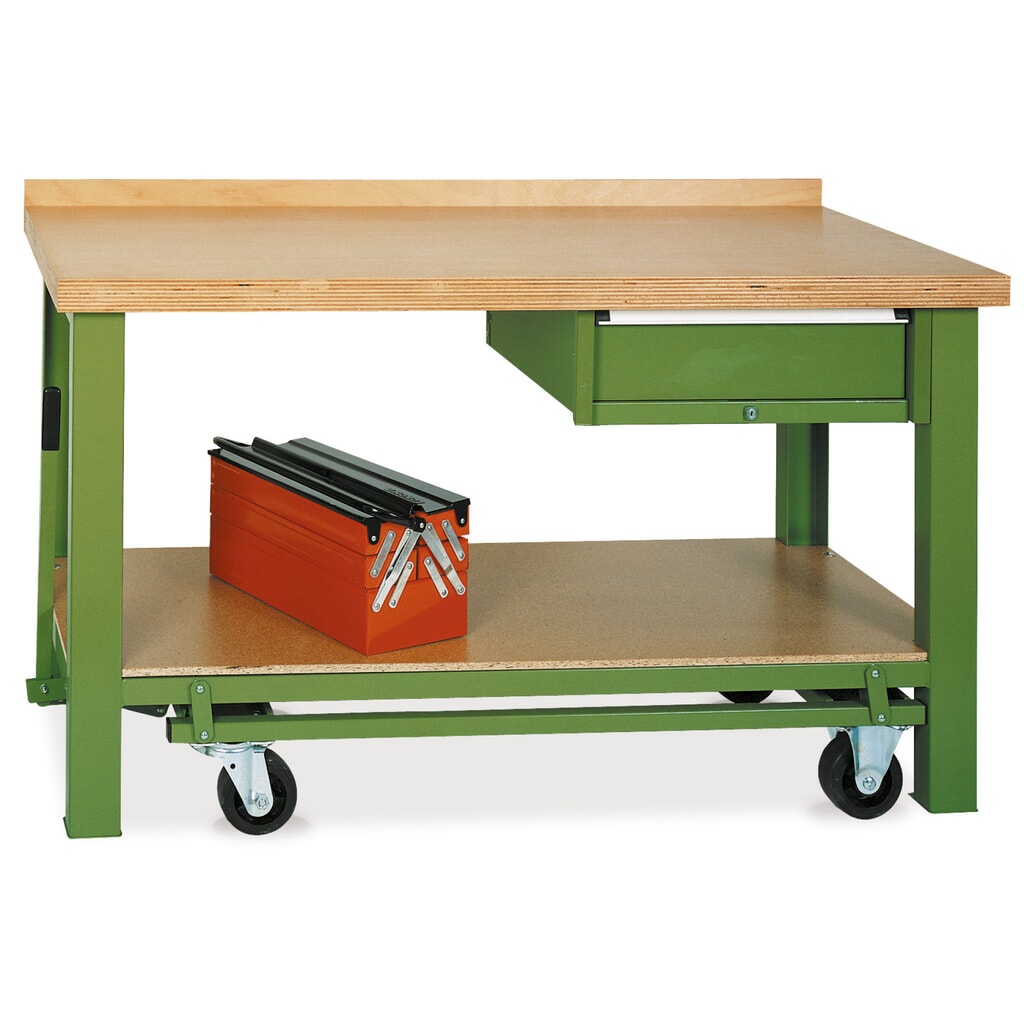 LOKOMA Mobiler Werkbanktisch Premium mit Schublade, TK 850 kg, HxBxT 850 x 1.500 x 700 mm, resedagrün Produktabbildung: LOKOMA Mobiler Werkbanktisch Premium mit Schublade, TK 850 kg, HxBxT 850 x 1.500 x 700 mm, resedagrün