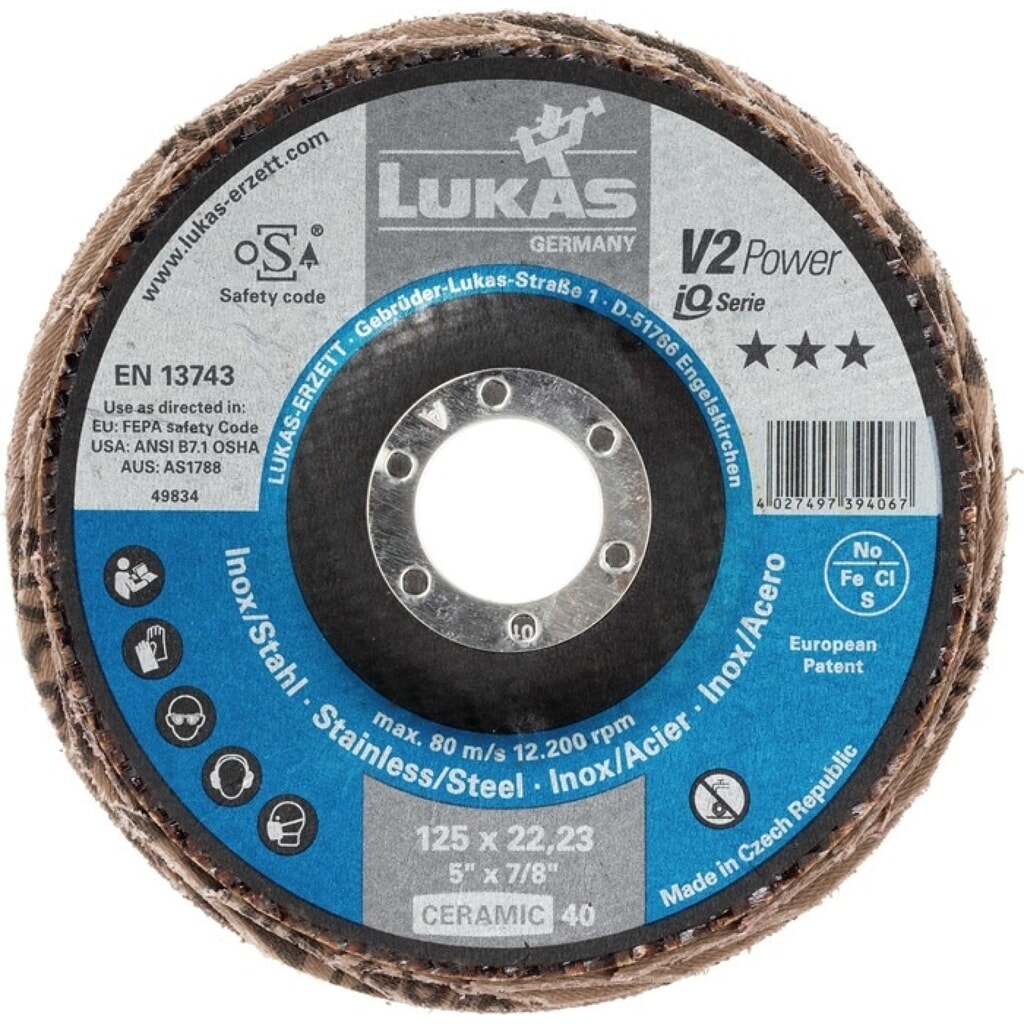 Produktabbildung: LUKAS Fächerscheibe V2 POWER CER, Durchmesser 125 mm Körnung 40 flach, INOX, Stahl, Titan CER (Ceramic-Korn)
