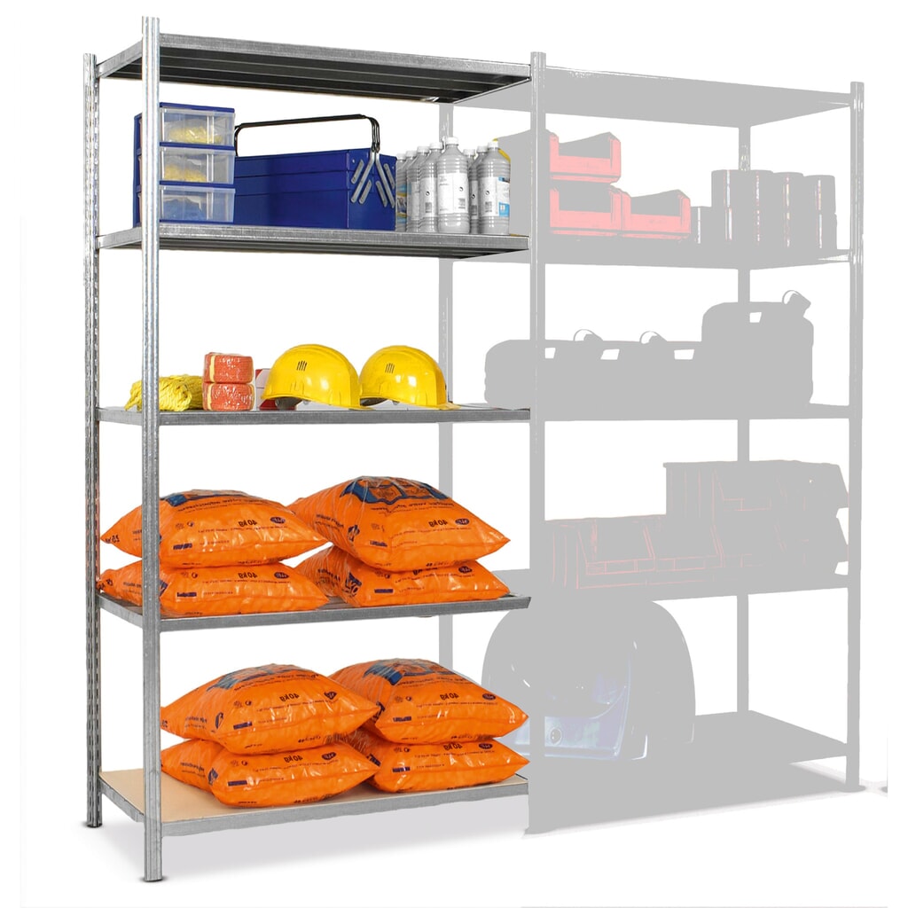 Produktabbildung: ManOrga Fachbodenregal, AF, mit Spanplatten, FL 287 kg, verzinkt, HxBxT 2.000 x 1.250 x 500 mm