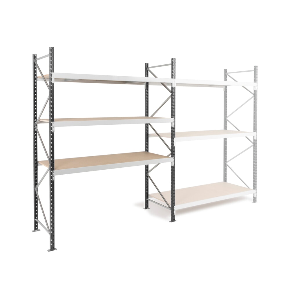 ManOrga Weitspannregal, mit Spanplatten, GF, FL 880 kg, HxBxT 2.000 x 1.800 x 600 mm Produktabbildung: ManOrga Weitspannregal, mit Spanplatten, GF, FL 880 kg, HxBxT 2.000 x 1.800 x 600 mm