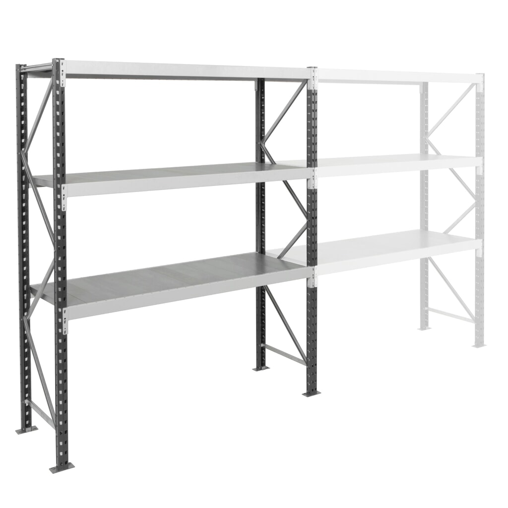 ManOrga Weitspannregal, mit Stahlpaneelen, GF, FL 710 kg, HxBxT 2.500 x 2.250 x 600 mm Produktabbildung: ManOrga Weitspannregal, mit Stahlpaneelen, GF, FL 710 kg, HxBxT 2.500 x 2.250 x 600 mm