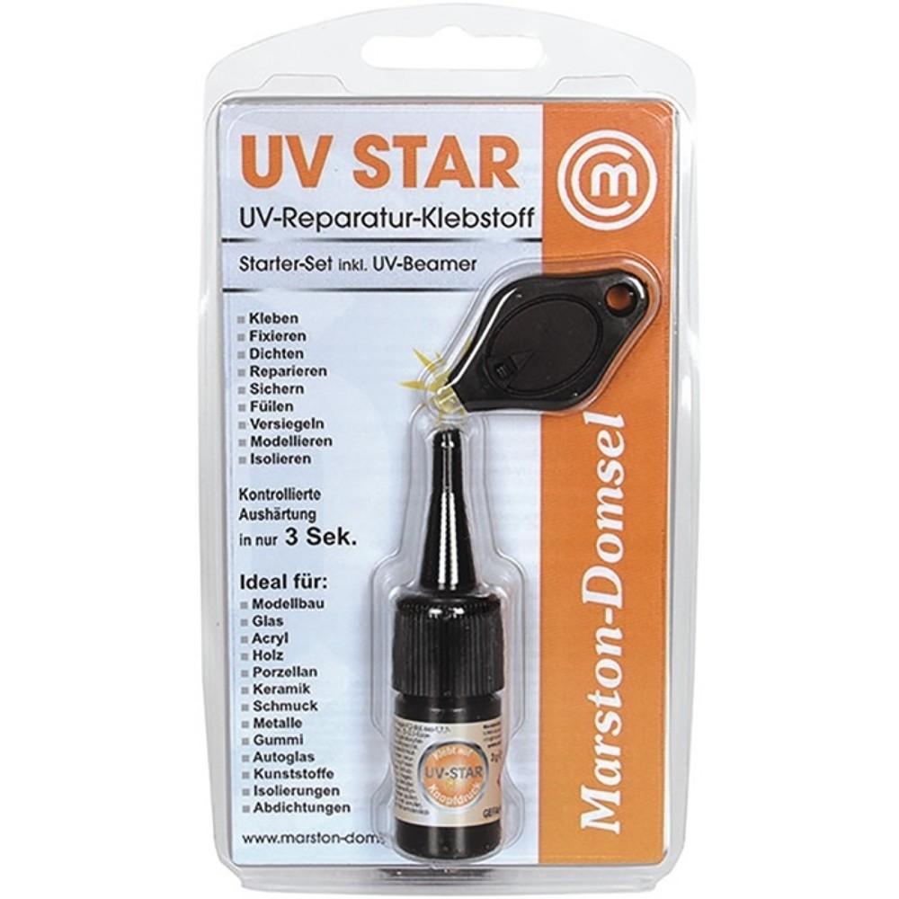 Produktabbildung: MARSTON UV-Reparatur-Klebstoff MD UV-Star, transparent, 3g Kleber /1 UV-Leuchte, Set
