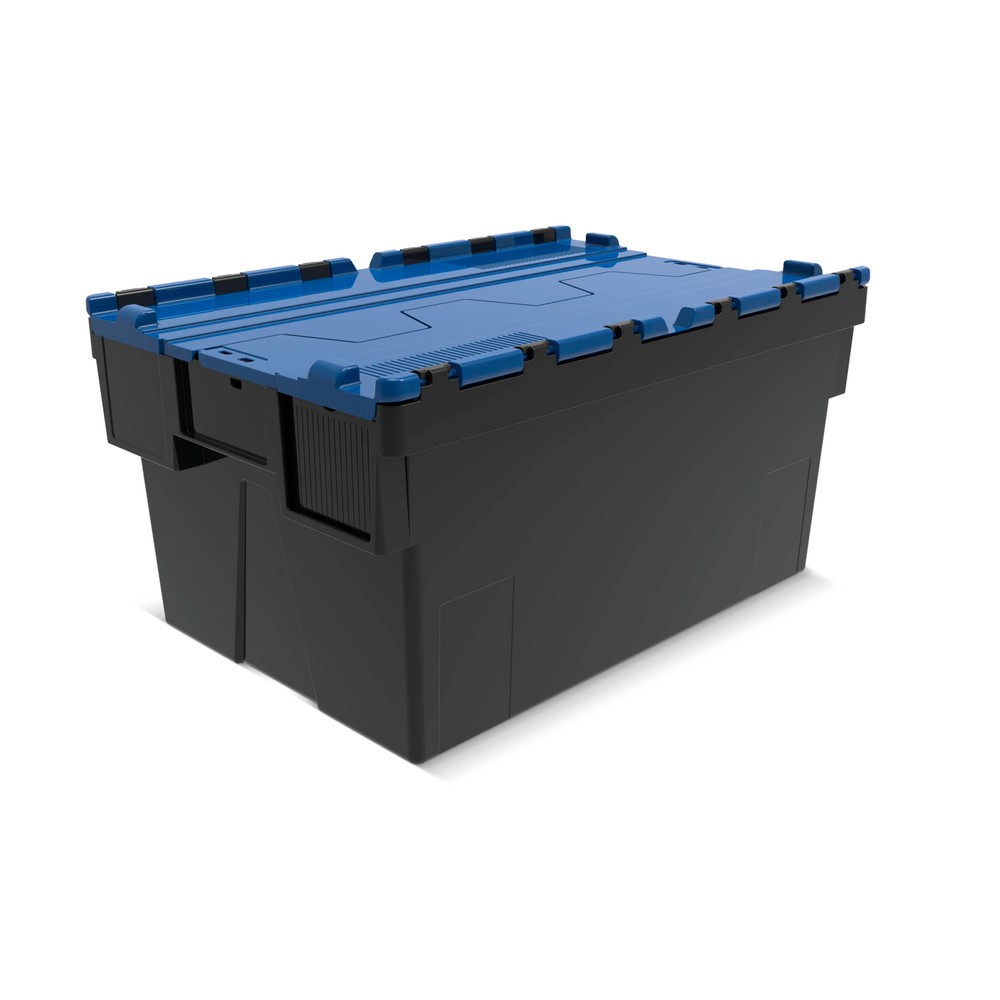 Produktabbildung: Alpha Eurobox aus PP-Regranulat mit Klappdeckel, schwarz/blau, 56 Liter, HxBxT310 x 600 x 400 mm