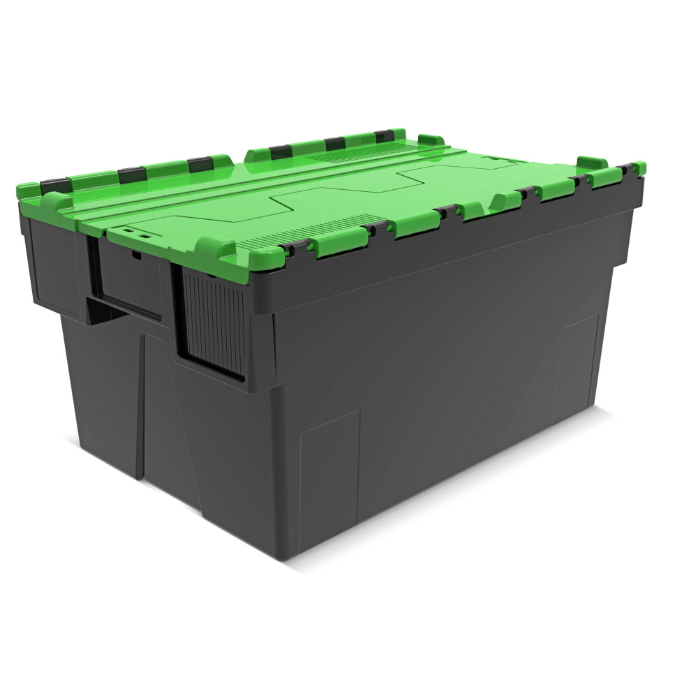 Produktabbildung: Alpha Eurobox aus PP-Regranulat mit Klappdeckel, schwarz/grün, 56 Liter, HxBxT 310 x 600 x 400 mm