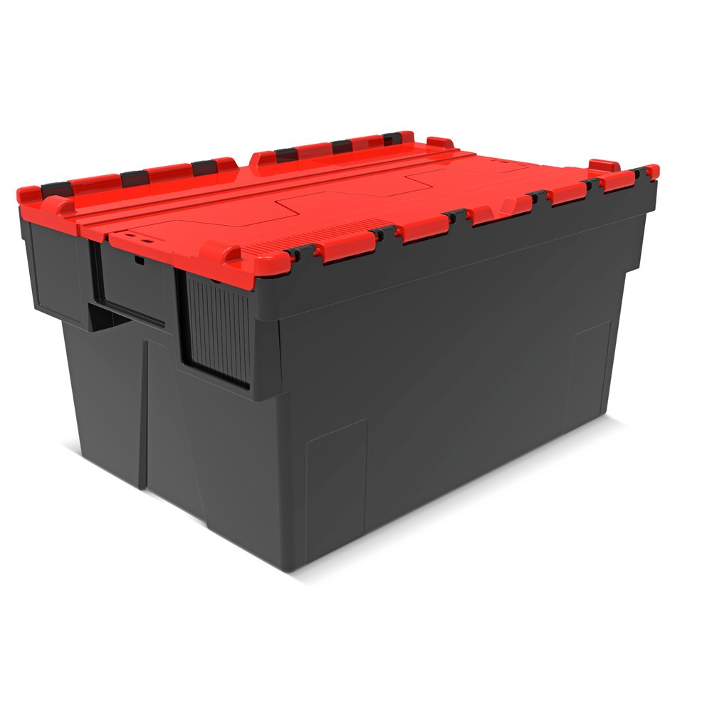 Produktabbildung: Alpha Eurobox aus PP-Regranulat mit Klappdeckel, schwarz/rot, 56 Liter, HxBxT 310 x 600 x 400 mm