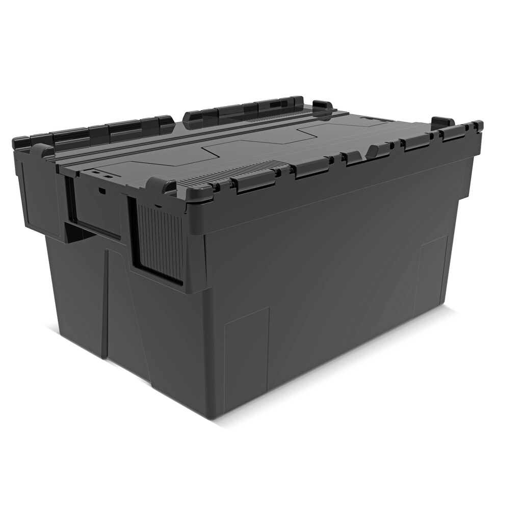 Produktabbildung: Alpha Eurobox aus PP-Regranulat mit Klappdeckel, schwarz, 56 Liter, HxBxT 310 x 600 x 400 mm