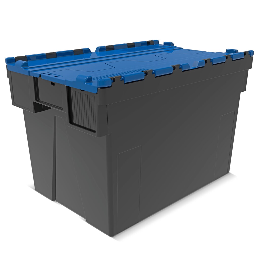 Alpha Eurobox aus PP-Regranulat mit Klappdeckel, schwarz/blau, 77 Liter, HxBxT 400 x 600 x 400 mm Produktabbildung: Alpha Eurobox aus PP-Regranulat mit Klappdeckel, schwarz/blau, 77 Liter, HxBxT 400 x 600 x 400 mm