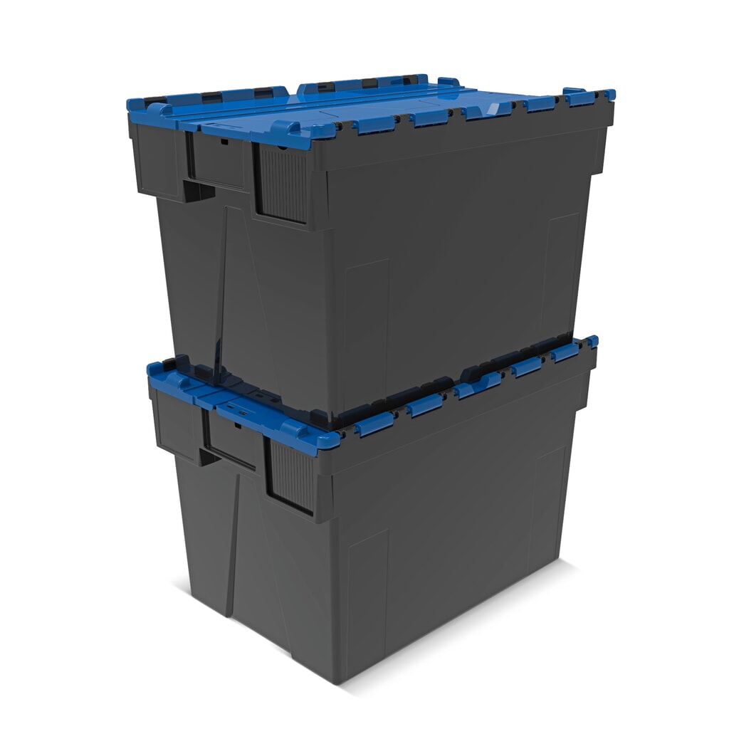 Alpha Eurobox aus PP-Regranulat mit Klappdeckel, schwarz/blau, 77 Liter, HxBxT 400 x 600 x 400 mm Produktabbildung Nr. 7: Alpha Eurobox aus PP-Regranulat mit Klappdeckel, schwarz/blau, 77 Liter, HxBxT 400 x 600 x 400 mm