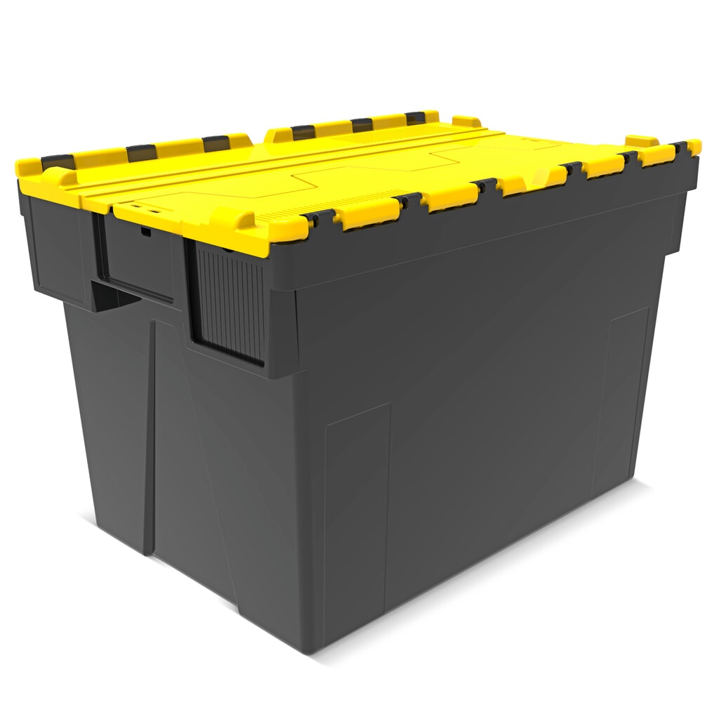 Alpha Eurobox aus PP-Regranulat mit Klappdeckel, schwarz/gelb, 77 Liter, HxBxT 400 x 600 x 400 mm Produktabbildung: Alpha Eurobox aus PP-Regranulat mit Klappdeckel, schwarz/gelb, 77 Liter, HxBxT 400 x 600 x 400 mm