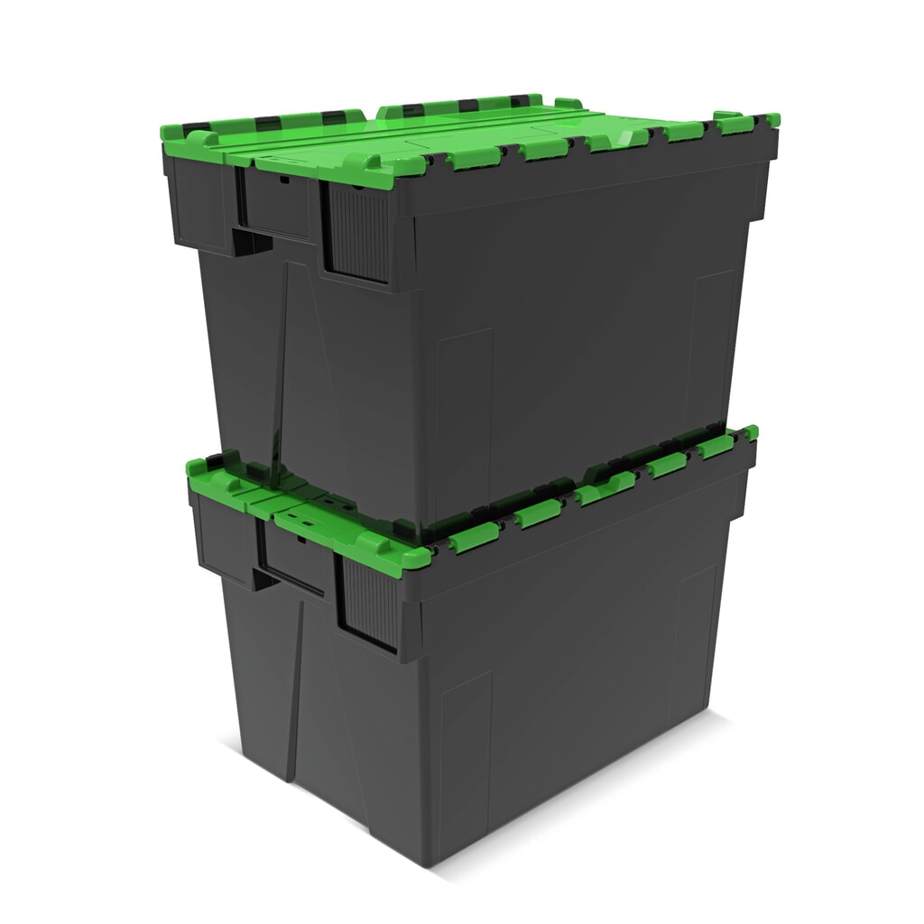 Alpha Eurobox aus PP-Regranulat mit Klappdeckel, schwarz/grün, 77 Liter, HxBxT 400 x 600 x 400 mm Produktabbildung Nr. 7: Alpha Eurobox aus PP-Regranulat mit Klappdeckel, schwarz/grün, 77 Liter, HxBxT 400 x 600 x 400 mm