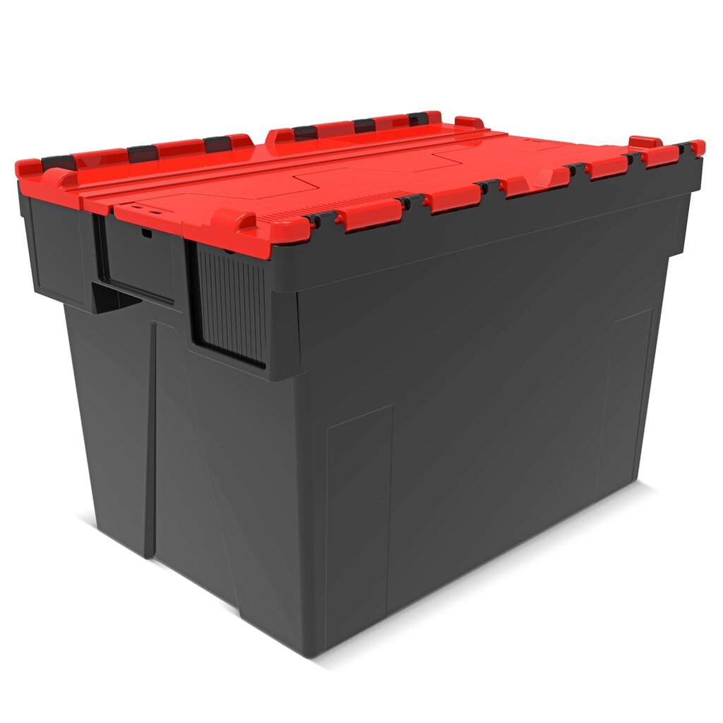 Alpha Eurobox aus PP-Regranulat mit Klappdeckel, schwarz/rot, 77 Liter, HxBxT 400 x 600 x 400 mm Produktabbildung: Alpha Eurobox aus PP-Regranulat mit Klappdeckel, schwarz/rot, 77 Liter, HxBxT 400 x 600 x 400 mm