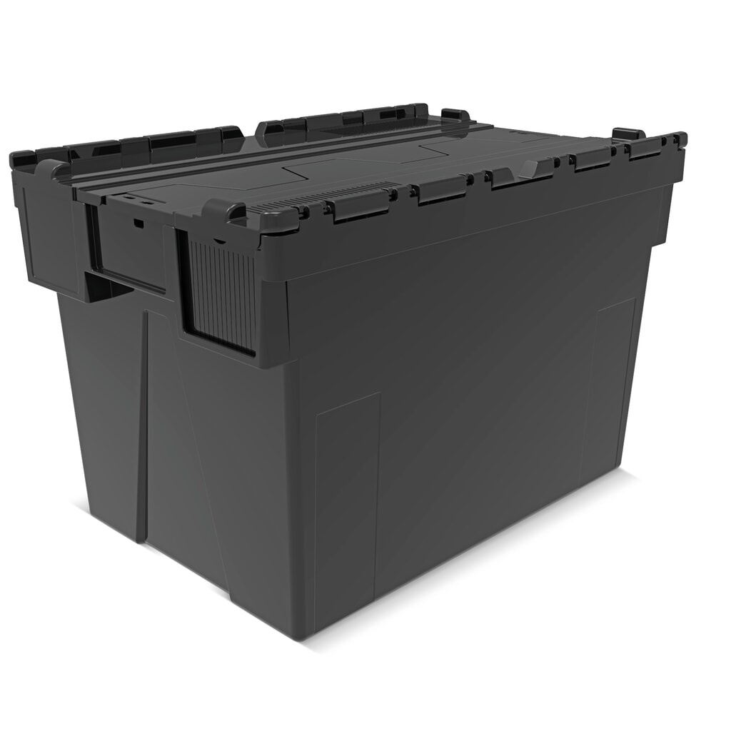 Produktabbildung: Alpha Eurobox aus PP-Regranulat mit Klappdeckel, schwarz, 77 Liter, HxBxT 400 x 600 x 400 mm