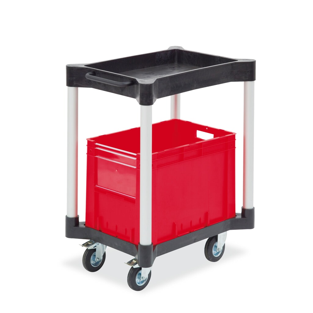 Mehrzweckwagen mit Ablage und Wanne, aus Polyethylen, 1 Wanne + 1 Ablage, Höhe 953 mm Produktabbildung: Mehrzweckwagen mit Ablage und Wanne, aus Polyethylen, 1 Wanne + 1 Ablage, Höhe 953 mm
