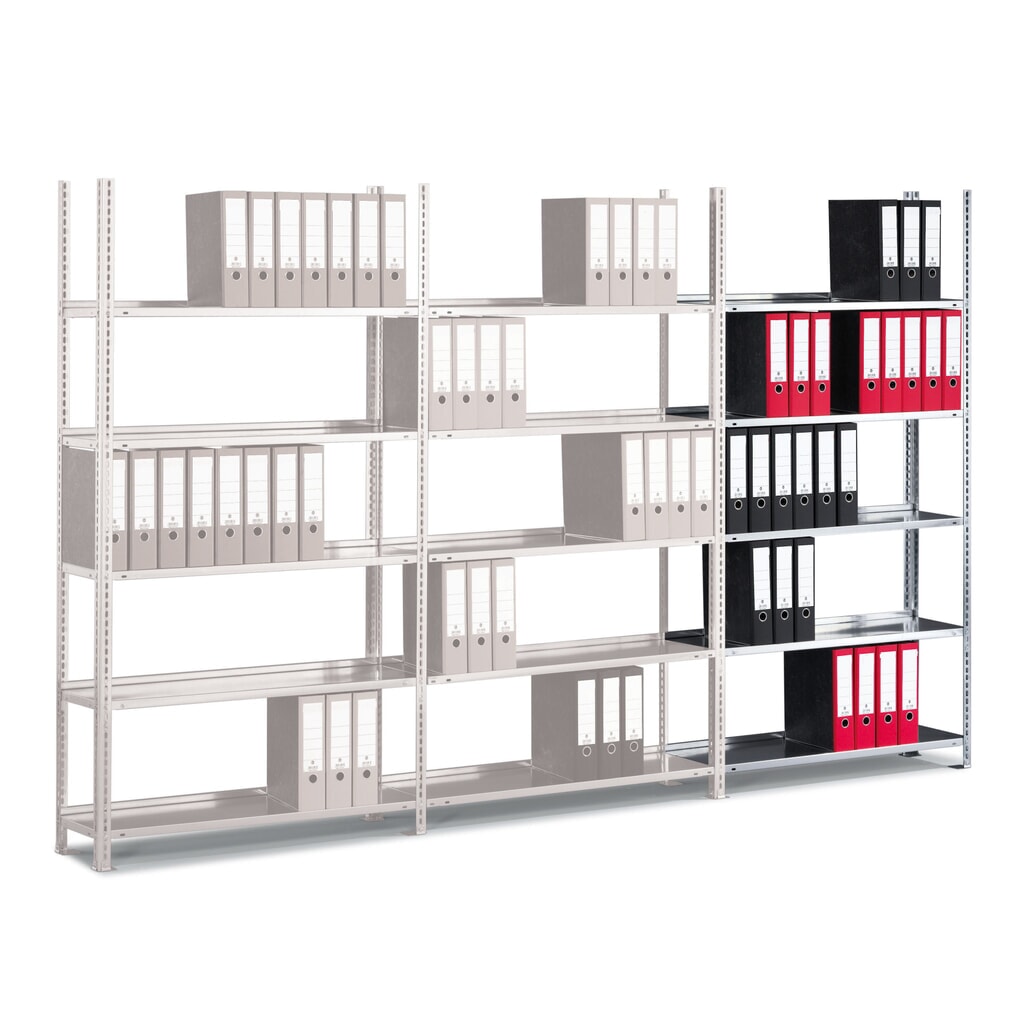 META Aktenregal AF, einseitig, ohne Abdeckboden, verzinkt, HxBxT 1.850 x 750 x 300 mm Produktabbildung: META Aktenregal AF, einseitig, ohne Abdeckboden, verzinkt, HxBxT 1.850 x 750 x 300 mm