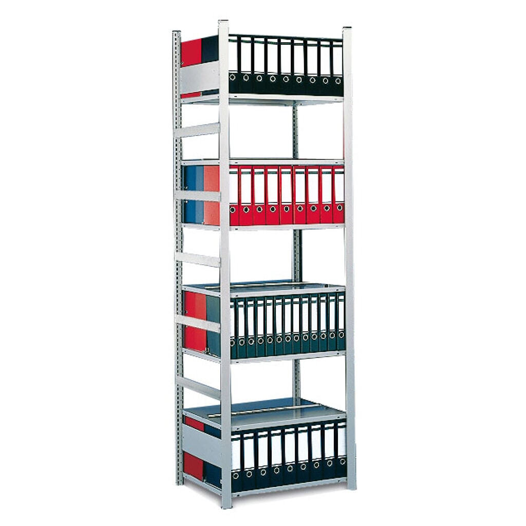 Produktabbildung: META Aktenregal GF, doppelseitig, ohne Abdeckboden, FL 80 kg, lichtgrau, HxBxT 1.850 x 750 x 600 mm