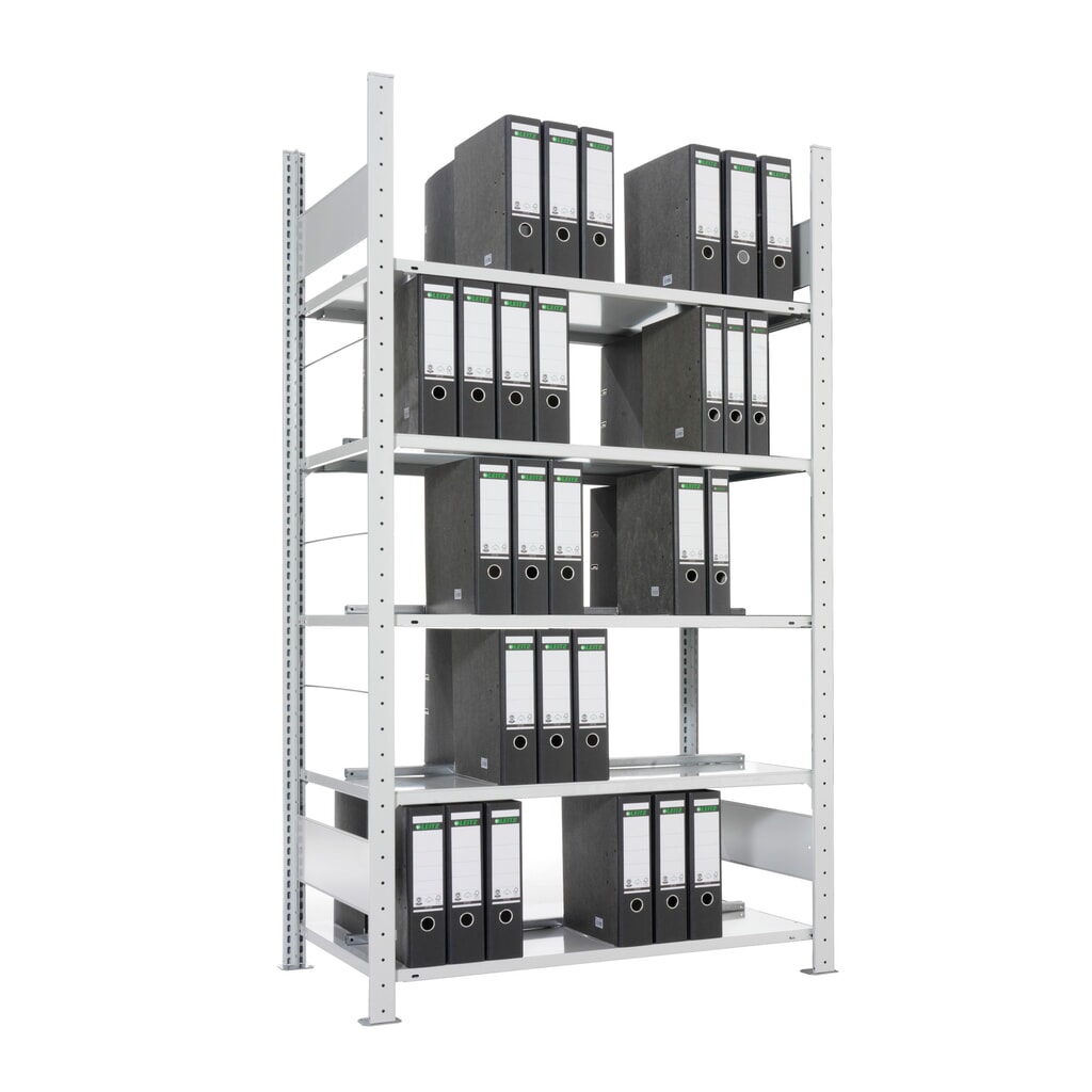 META Aktenregal GF, doppelseitig, ohne Abdeckboden, FL 80 kg, verzinkt, HxBxT 1.850 x 750 x 600 mm Produktabbildung: META Aktenregal GF, doppelseitig, ohne Abdeckboden, FL 80 kg, verzinkt, HxBxT 1.850 x 750 x 600 mm