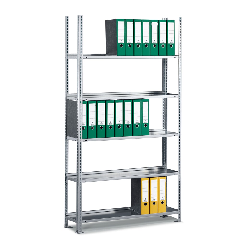 Produktabbildung: META Aktenregal GF, einseitig, ohne Abdeckboden, verzinkt, HxBxT 1.850 x 750 x 300 mm