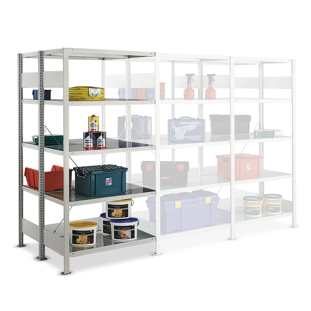 META Fachbodenregal, AF, doppelzeilig, FL 230 kg, lichtgrau, HxBxT 2.000 x 1.000 x 1.200 (2x600) mm Produktabbildung: META Fachbodenregal, AF, doppelzeilig, FL 230 kg, lichtgrau, HxBxT 2.000 x 1.000 x 1.200 (2x600) mm