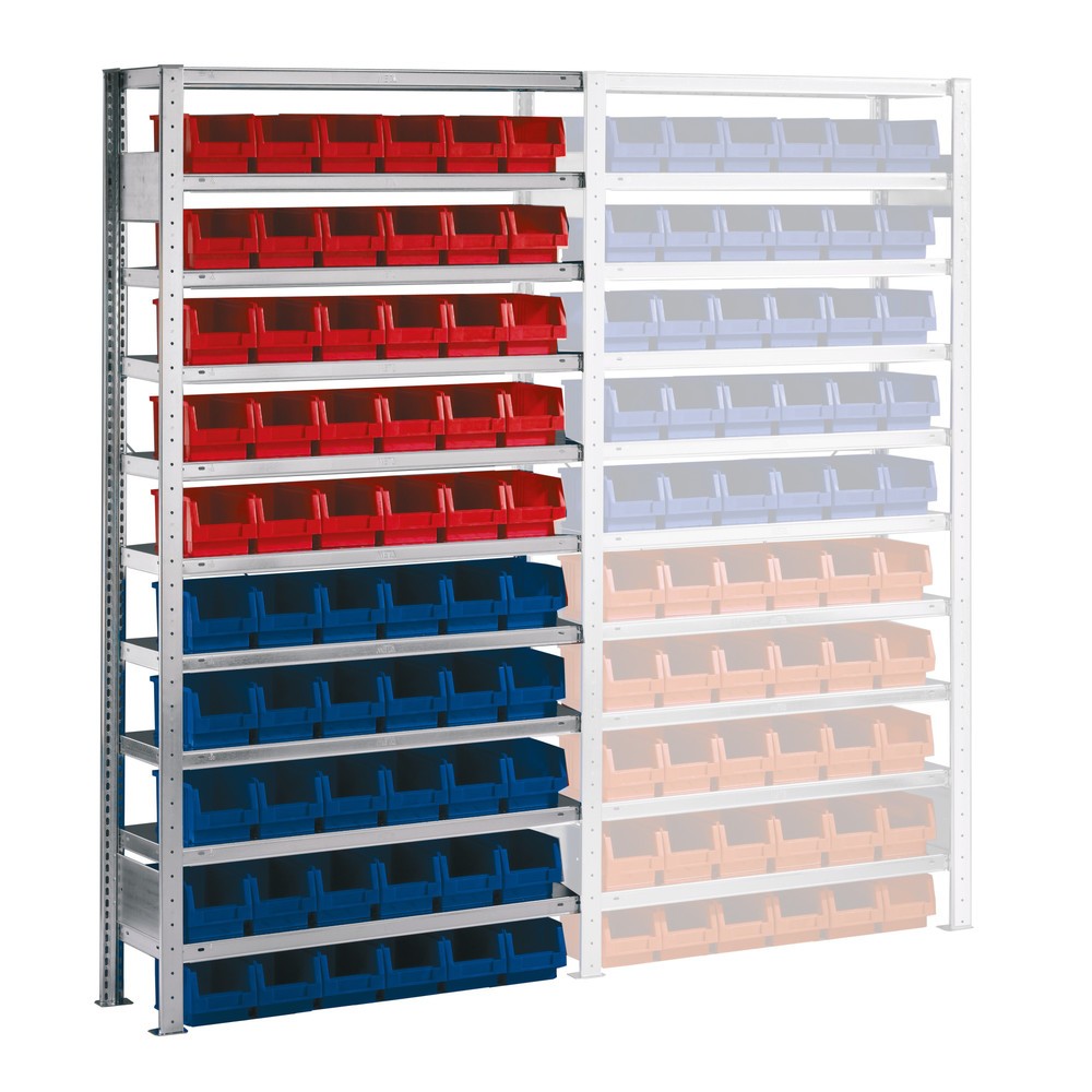 Produktabbildung: META Fachbodenregal, AF mit Sichtlagerkästen, FL 100 kg, 60 Kästen, HxBxT 2.000 x 1.000 x 300 mm
