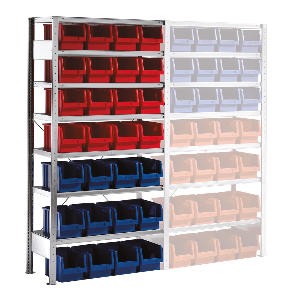 Produktabbildung: META Fachbodenregal, AF mit Sichtlagerkästen, FL 100 kg, 28 Kästen, HxBxT 2.000 x 1.000 x 400 mm