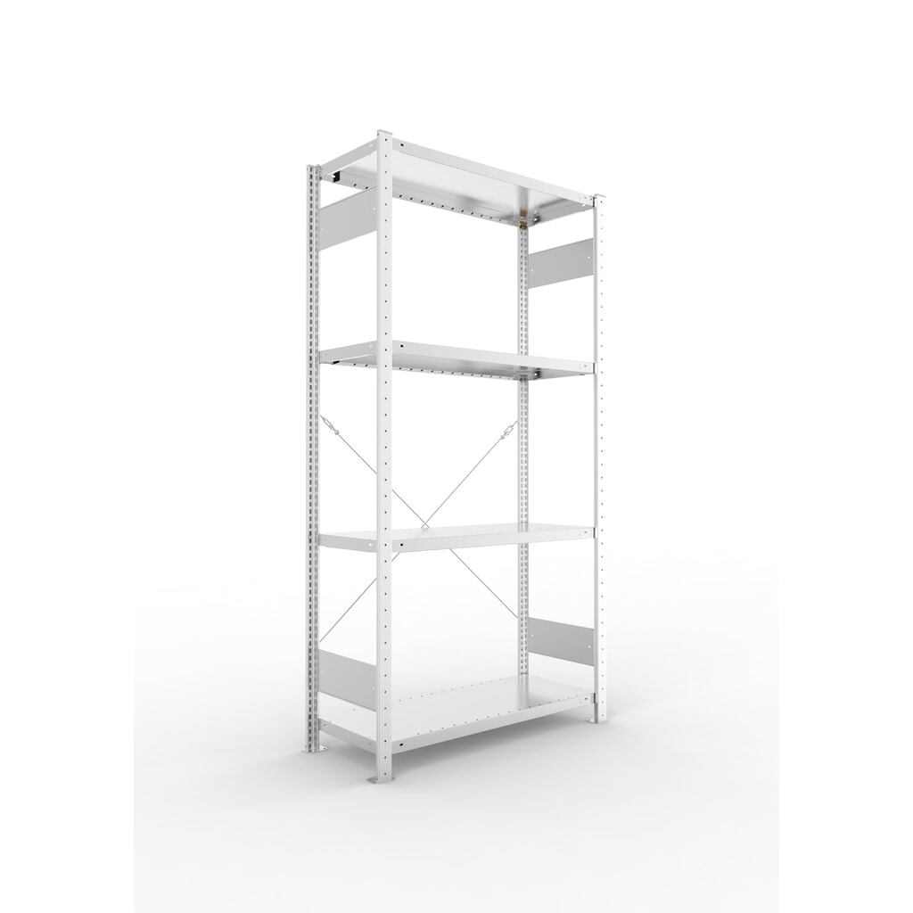 META Fachbodenregal verzinkt mit 4 Böden, Fachlast 100 kg, HxBxT 2.000 x 1.056 x 436 mm Produktabbildung: META Fachbodenregal verzinkt mit 4 Böden, Fachlast 100 kg, HxBxT 2.000 x 1.056 x 436 mm