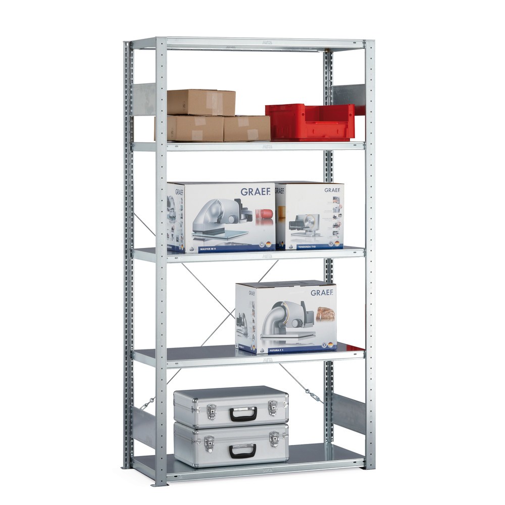 Produktabbildung: META Fachbodenregal verzinkt mit 5 Böden, Fachlast 100 kg, HxBxT 2.000 x 1.056 x 336 mm