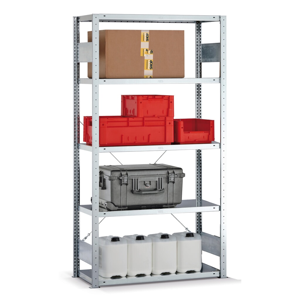 META Fachbodenregal verzinkt mit 5 Stahlblechböden, Fachlast 150 kg, HxBxT 2.000 x 1.056 x 336 mm Produktabbildung: META Fachbodenregal verzinkt mit 5 Stahlblechböden, Fachlast 150 kg, HxBxT 2.000 x 1.056 x 336 mm