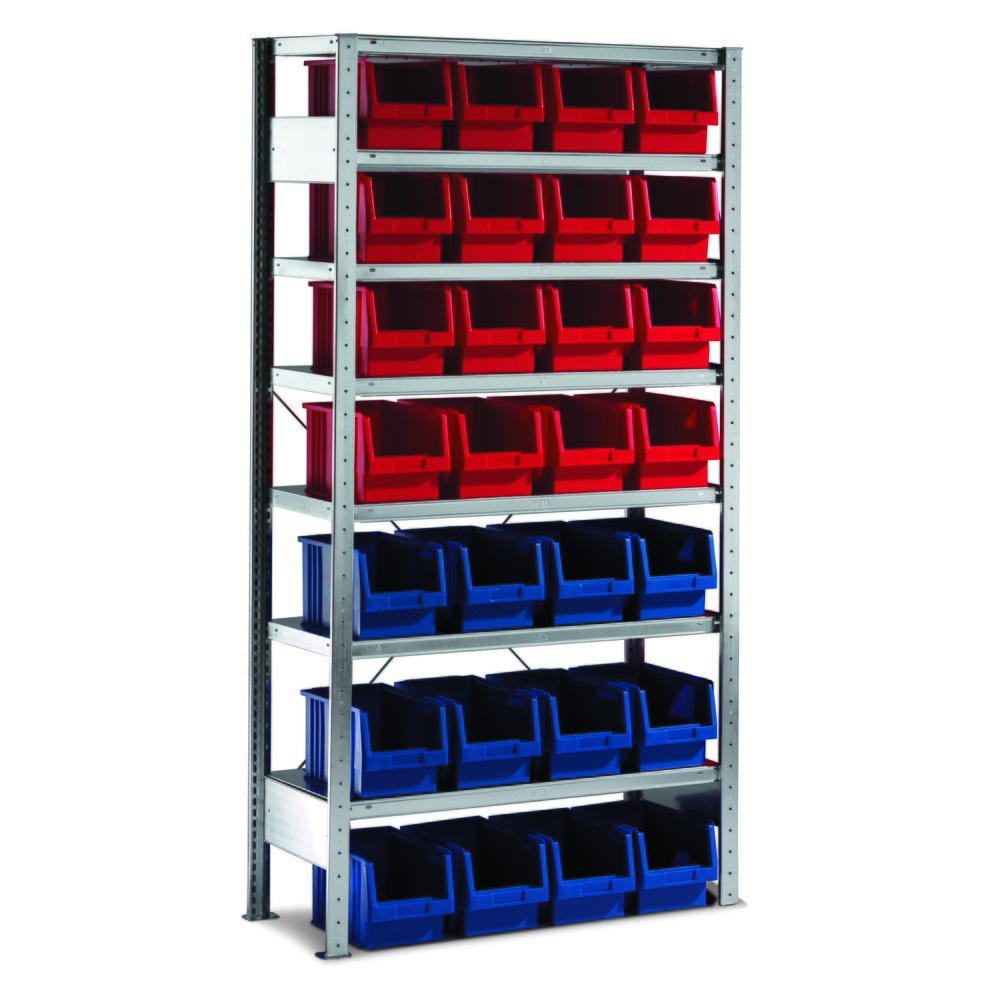 Produktabbildung: META Fachbodenregal, GF mit Sichtlagerkästen, FL 100 kg, 28 Kästen, HxBxT 2.000 x 1.000 x 400 mm