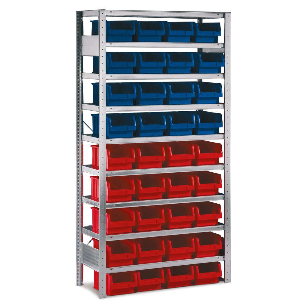 Produktabbildung: META Fachbodenregal, GF mit Sichtlagerkästen, FL 100 kg, 36 Kästen, HxBxT 2.000 x 1.000 x 400 mm
