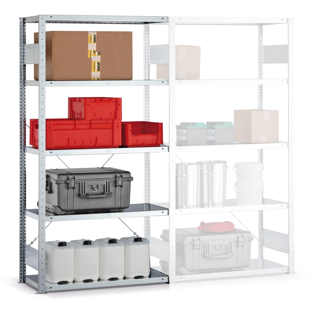 META Fachbodenregal Stecksystem, AF, FL 150 kg, verzinkt, HxBxT 2.000 x 1.000 x 300 mm Produktabbildung: META Fachbodenregal Stecksystem, AF, FL 150 kg, verzinkt, HxBxT 2.000 x 1.000 x 300 mm