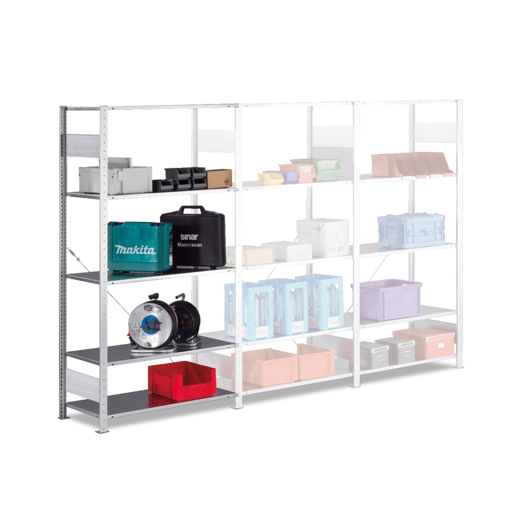 META Fachbodenregal Stecksystem, AF, FL 80 kg, HxBxT 2.000 x 1.000 x 300 mm Produktabbildung: META Fachbodenregal Stecksystem, AF, FL 80 kg, HxBxT 2.000 x 1.000 x 300 mm